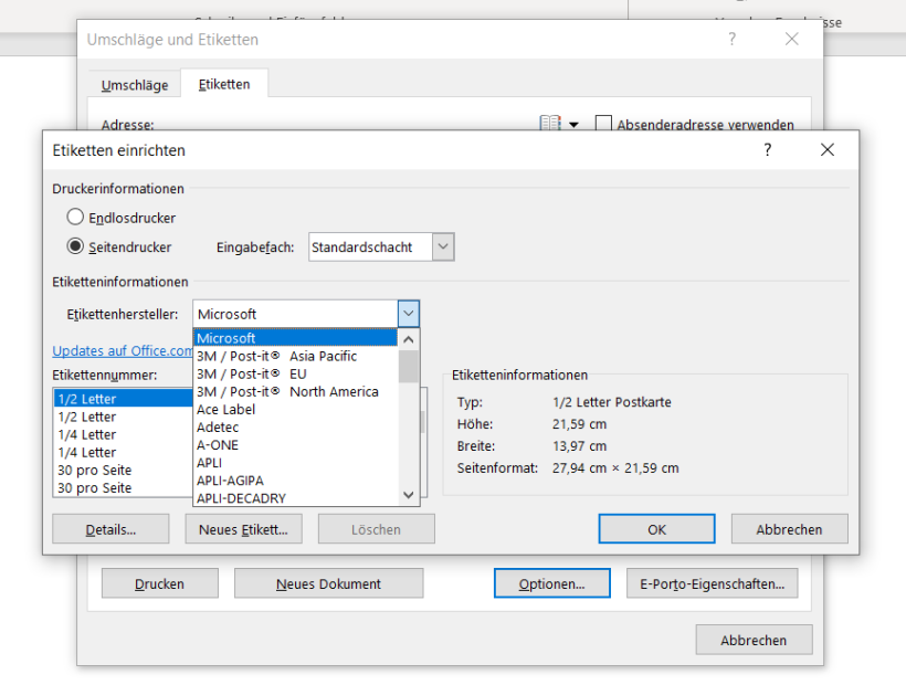 Etikettenhersteller in Word auswählen